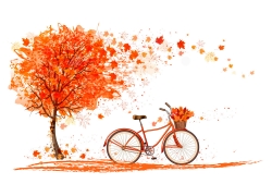 水彩树木与自行车插画