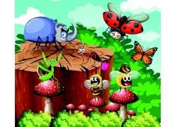 卡通昆虫与蘑菇