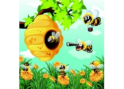 卡通鲜花蜜蜂漫画