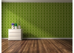 绿色花纹墙壁与地板